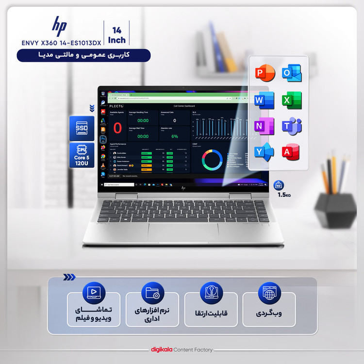 لپ تاپ 14 اینچی اچ پی مدل ENVY X360 14-ES1013DX-Core 5 120U-8GB DDR4-1TBSSD-W-Touch
